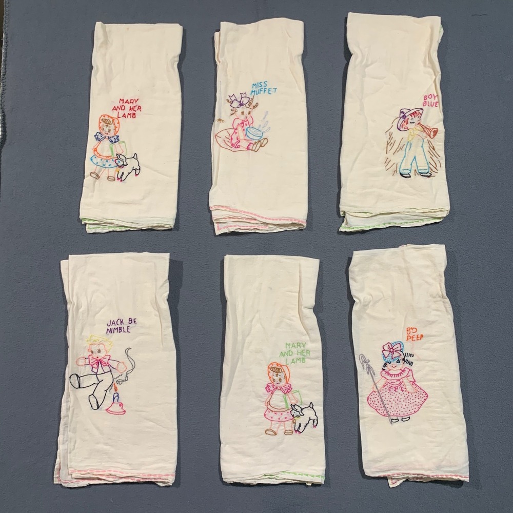 Vintage Nursery Rhyme Hand Embroidered Tea Towels Set of 6 Cream Cotton Cottage